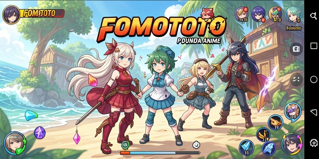 Screenshot gameplay FOMOTOTO dengan karakter anime yang beraksi.