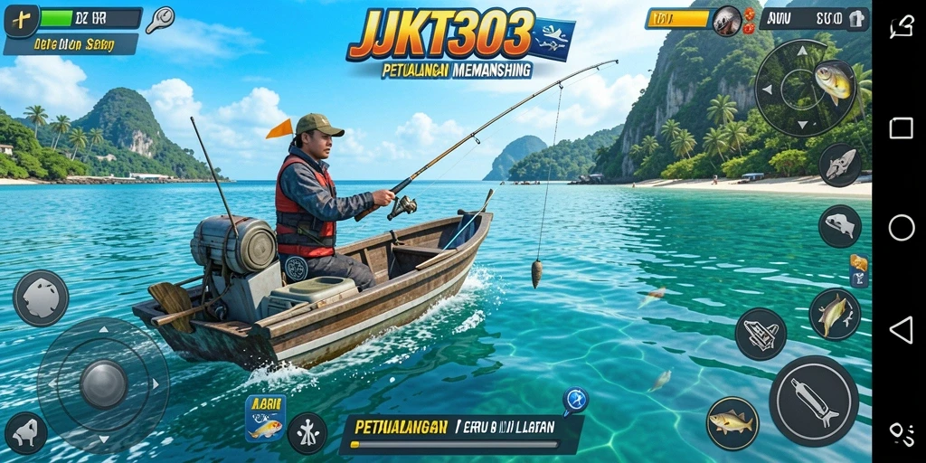 Screenshot JKT303 menampilkan aksi memancing di lautan yang memukau.