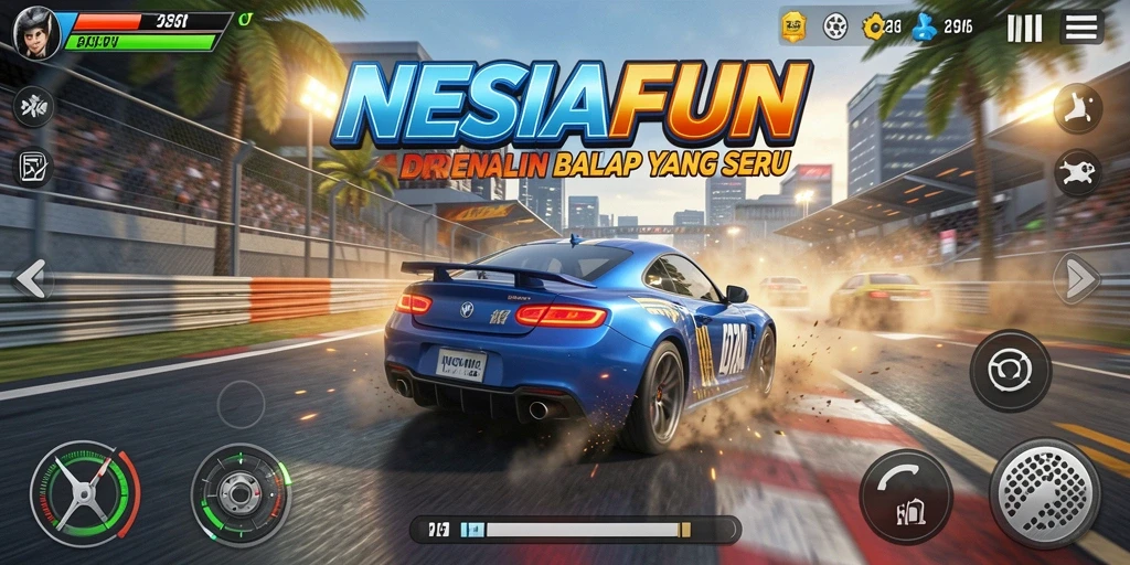Screenshot utama NESIAFUN menampilkan aksi balap yang mendebarkan.