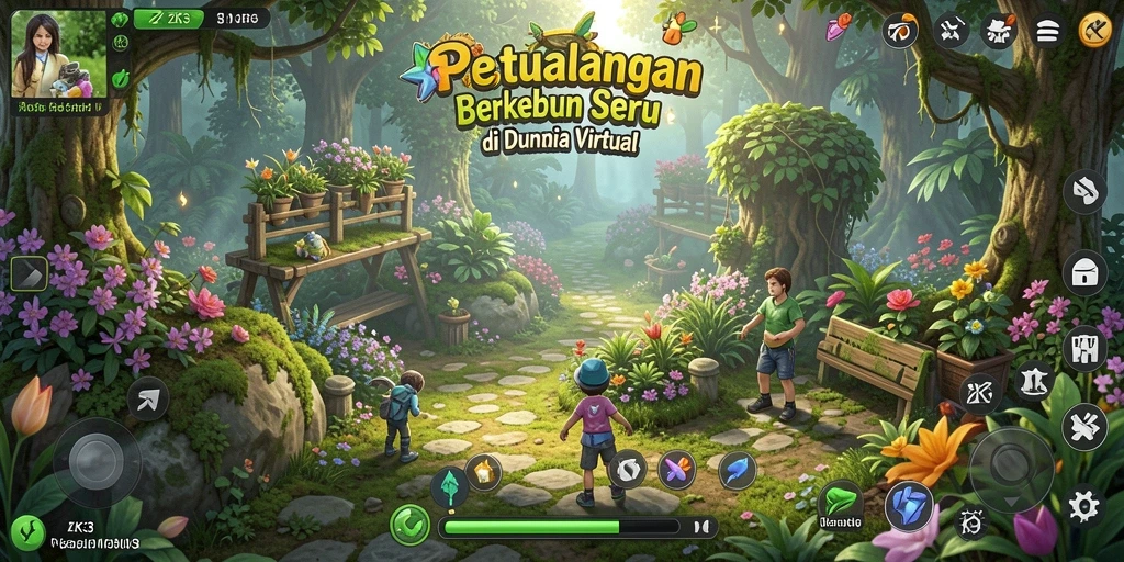 Tampilan gameplay ZK3 yang menarik dengan kebun yang penuh warna.